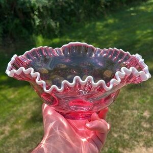 Vintage Fenton Pink Cranberry Glass Snow Crest Thumbprint Coindot Ruffle Bowl